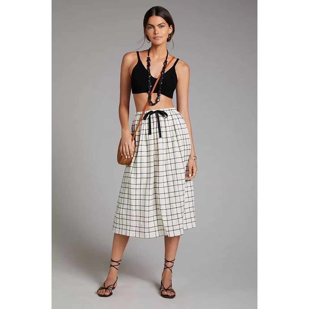 COREY LYNN CALTER XS Anthropologie linen cotton plaid midi skirt bow black white